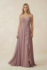 Dusty Rose Ruffled Hem A-Line Chiffon Bridesmaid Dress | KISSBRIDAL