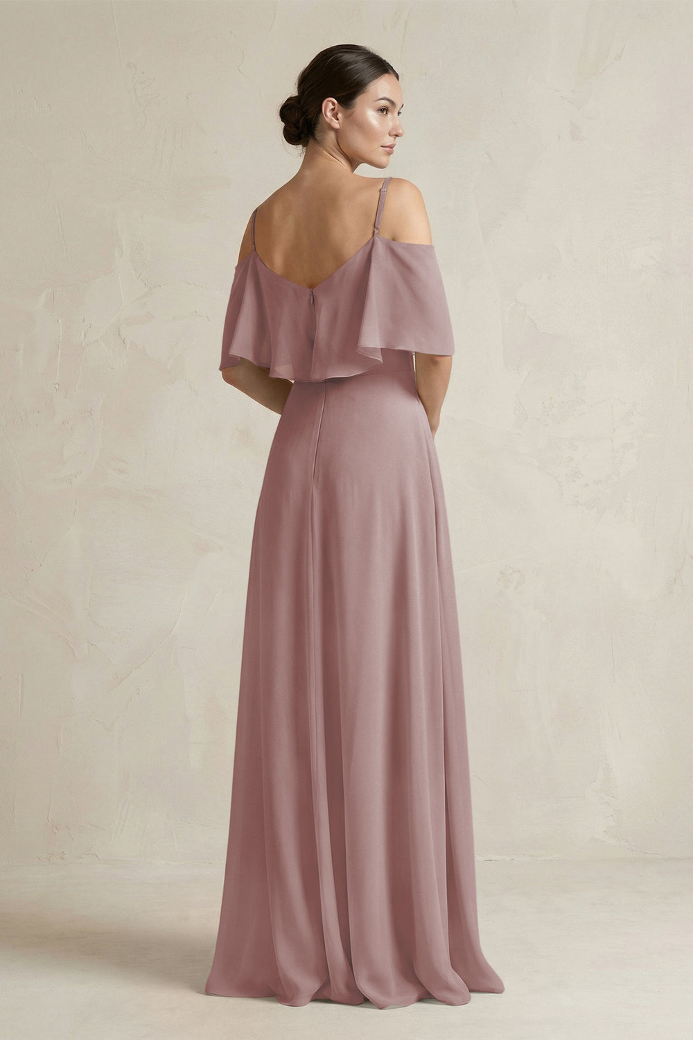 Ruffled Off-the-Shoulder A-Line Chiffon Bridesmaid Gown in Dusty Rose