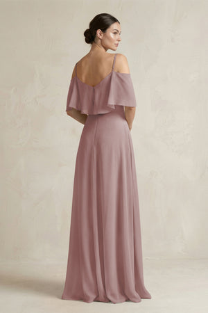 Dusty Rose Ruffled Off-the-Shoulder A-Line Chiffon Bridesmaid Gown (2) | KISSBRIDAL