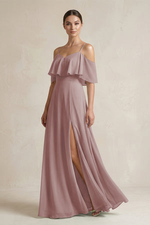 Dusty Rose Ruffled Off-the-Shoulder A-Line Chiffon Bridesmaid Gown | KISSBRIDAL