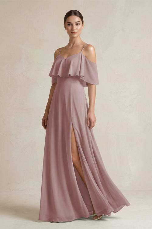 Dusty Rose Ruffled Off-the-Shoulder A-Line Chiffon Bridesmaid Gown | KISSBRIDAL