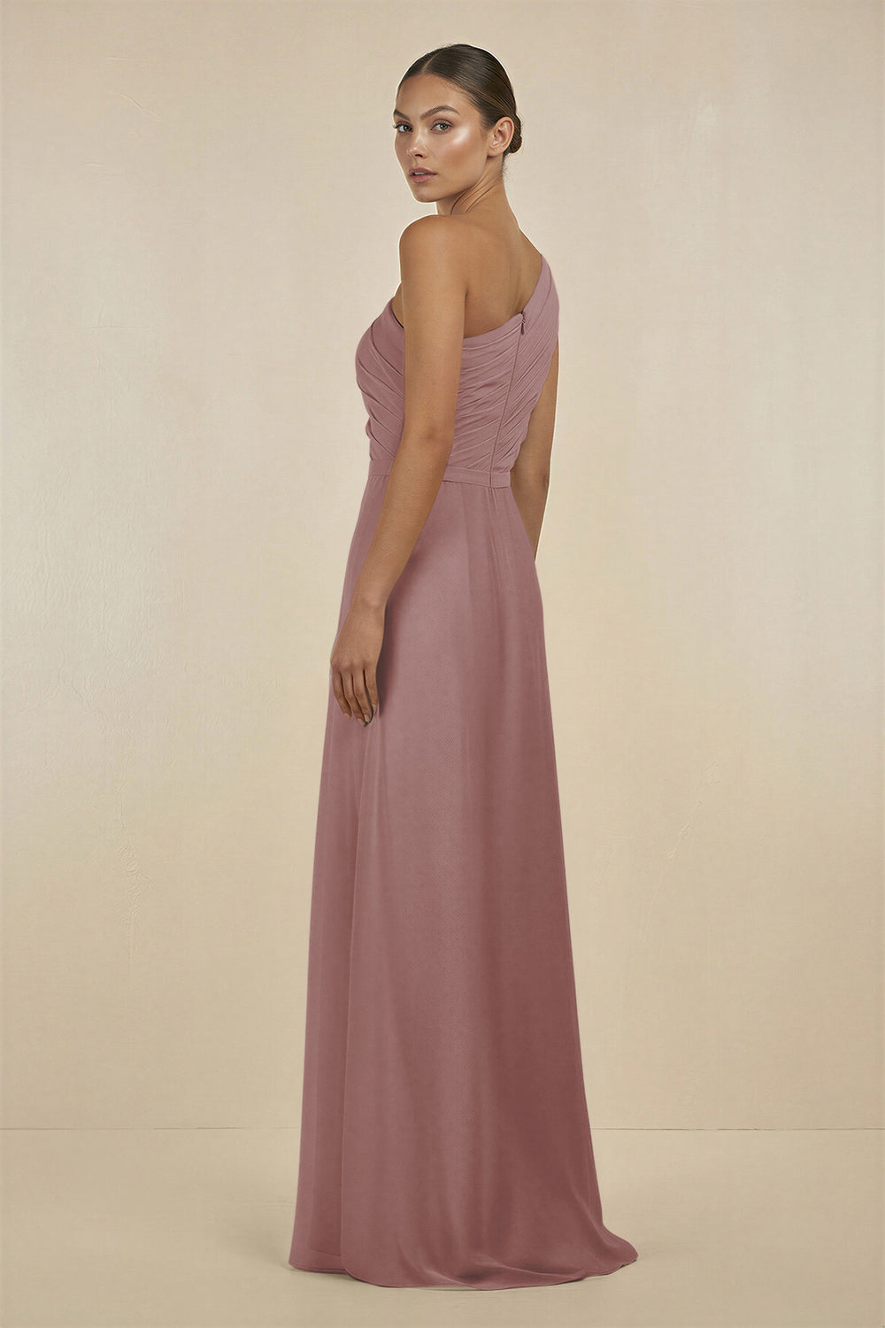Ruffled One-Shoulder Pleated Sheath Bridesmaid Dress in Dusty Rose