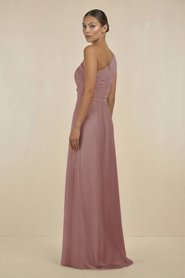 Dusty Rose Ruffled One-Shoulder Pleated Sheath Bridesmaid Dress (2) | KISSBRIDAL