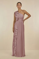 Dusty Rose Ruffled One-Shoulder Pleated Sheath Bridesmaid Dress | KISSBRIDAL