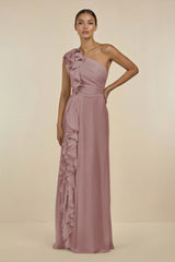 Dusty Rose Ruffled One-Shoulder Pleated Sheath Bridesmaid Dress | KISSBRIDAL