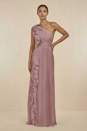 Dusty Rose Ruffled One-Shoulder Pleated Sheath Bridesmaid Dress | KISSBRIDAL