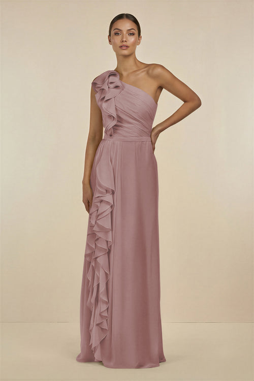 Dusty Rose Ruffled One-Shoulder Pleated Sheath Bridesmaid Dress | KISSBRIDAL