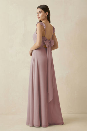 Dusty Rose Ruffled Sleeve A-Line Chiffon Bridesmaid Dress (2) | KISSBRIDAL
