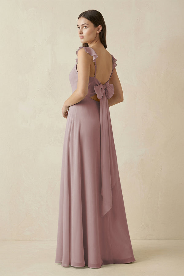 Dusty Rose Ruffled Sleeve A-Line Chiffon Bridesmaid Dress (2) | KISSBRIDAL