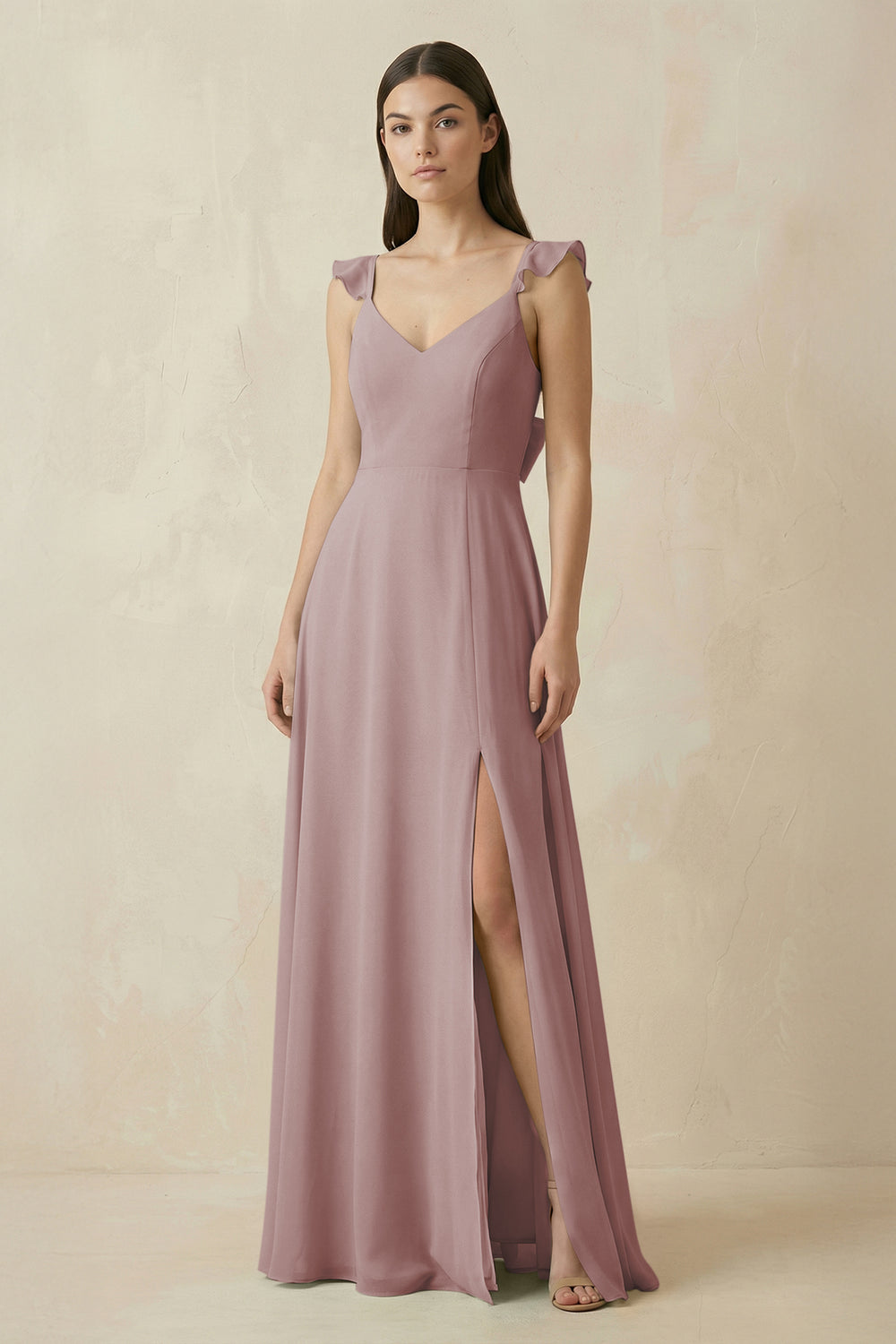 Ruffled Sleeve A-Line Chiffon Bridesmaid Dress in Dusty Rose