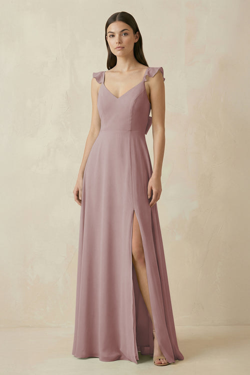 Dusty Rose Ruffled Sleeve A-Line Chiffon Bridesmaid Dress | KISSBRIDAL
