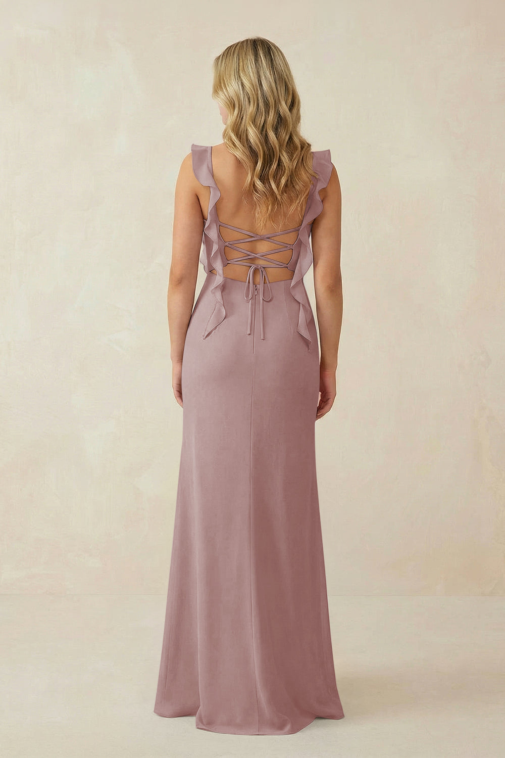 Ruffled Sleeve Ruched Sheath Chiffon Bridesmaid Dress in Dusty Rose
