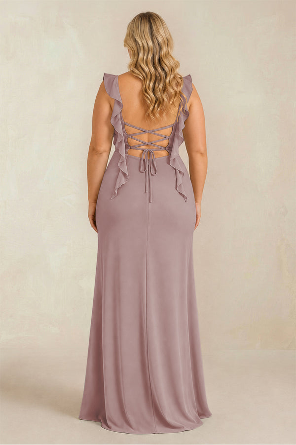 Dusty Rose Ruffled Sleeve Ruched Sheath Chiffon Bridesmaid Dress (2) [sizeplus] | KISSBRIDAL