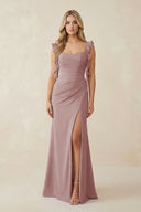 Dusty Rose Ruffled Sleeve Ruched Sheath Chiffon Bridesmaid Dress | KISSBRIDAL