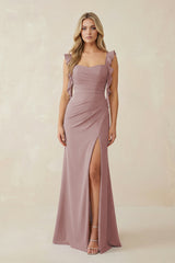 Dusty Rose Ruffled Sleeve Ruched Sheath Chiffon Bridesmaid Dress | KISSBRIDAL