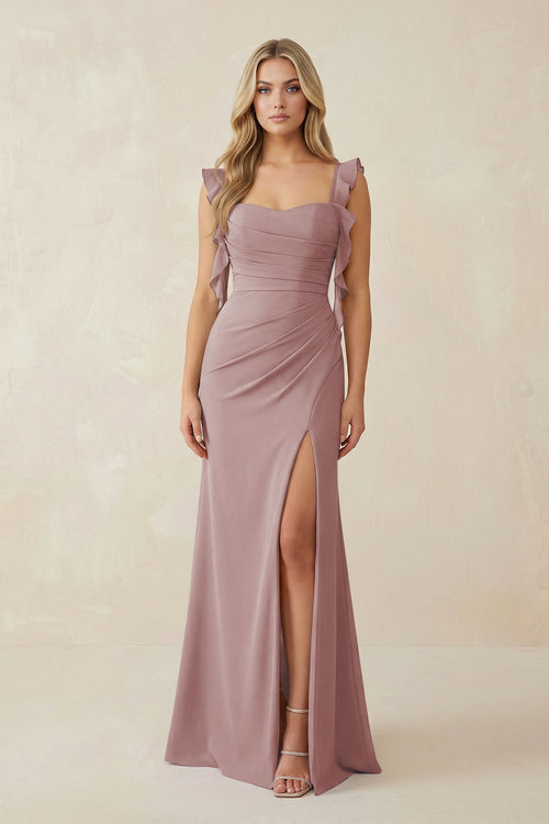 Dusty Rose Ruffled Sleeve Ruched Sheath Chiffon Bridesmaid Dress | KISSBRIDAL