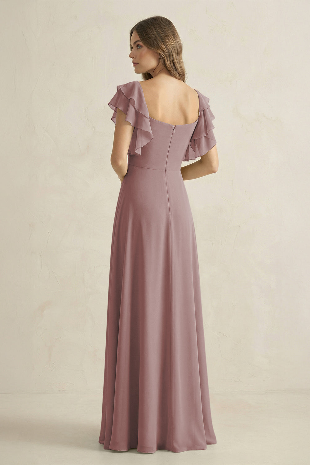 Ruffled Sleeves A-Line Chiffon Bridesmaid Dress in Dusty Rose