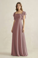 Dusty Rose Ruffled Sleeves A-Line Chiffon Bridesmaid Dress | KISSBRIDAL