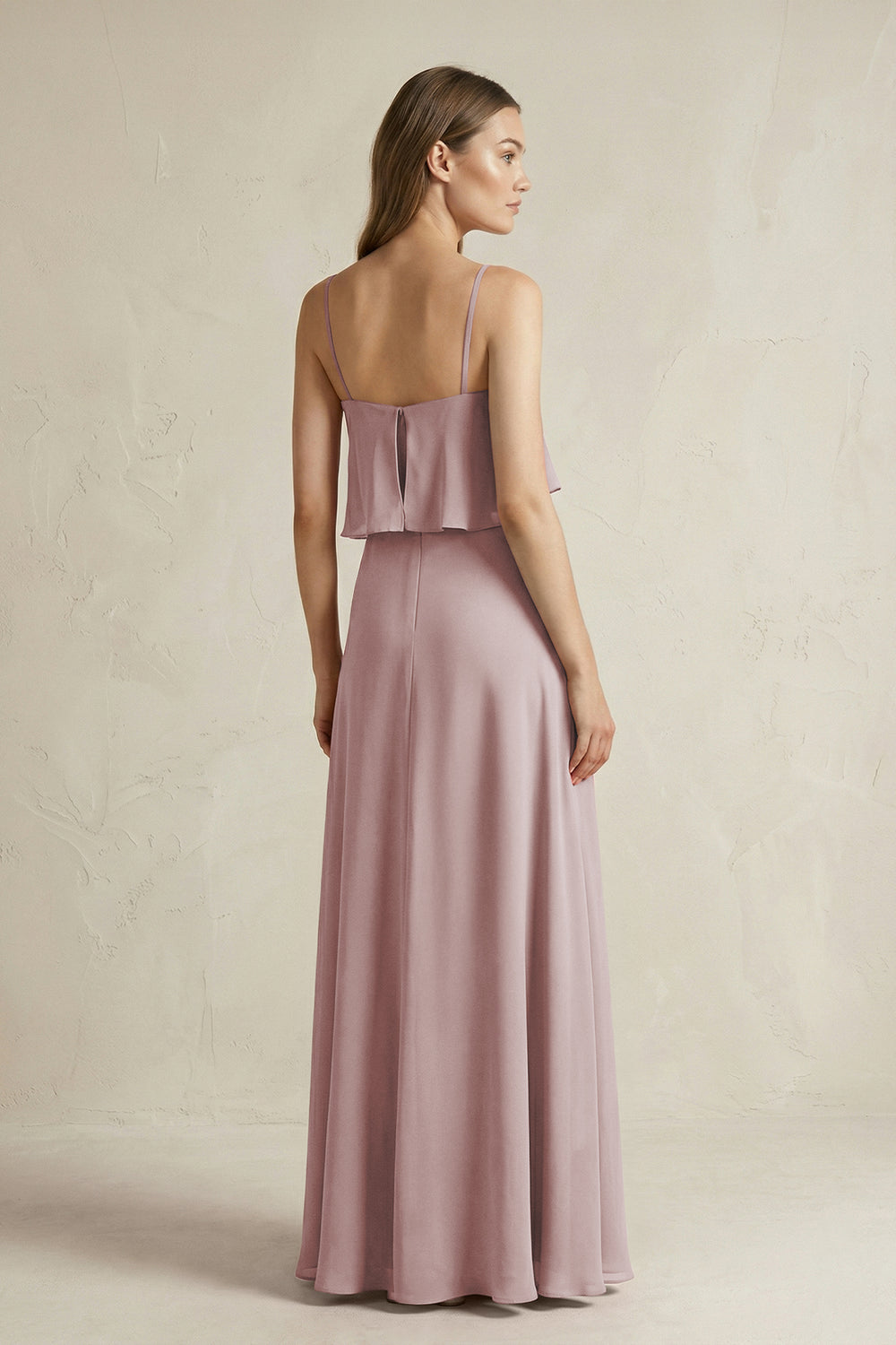 Ruffled Spaghetti Strap A-Line Chiffon Bridesmaid Dress in Dusty Rose