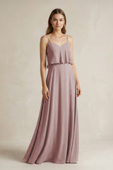 Dusty Rose Ruffled Spaghetti Strap A-Line Chiffon Bridesmaid Dress in Dusty Rose | KISSBRIDAL