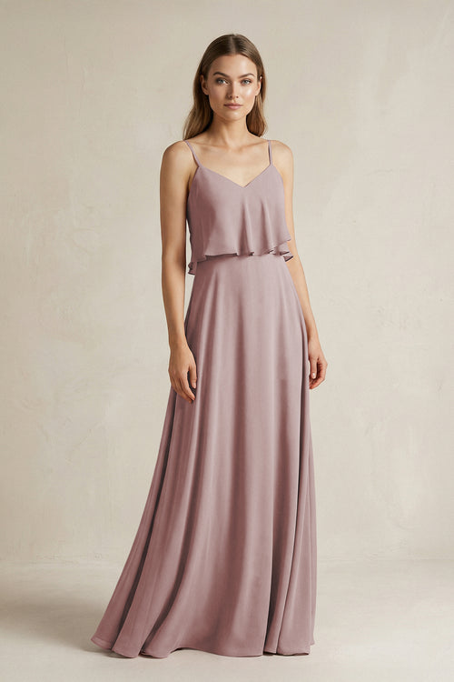 Dusty Rose Ruffled Spaghetti Strap A-Line Chiffon Bridesmaid Dress in Dusty Rose | KISSBRIDAL