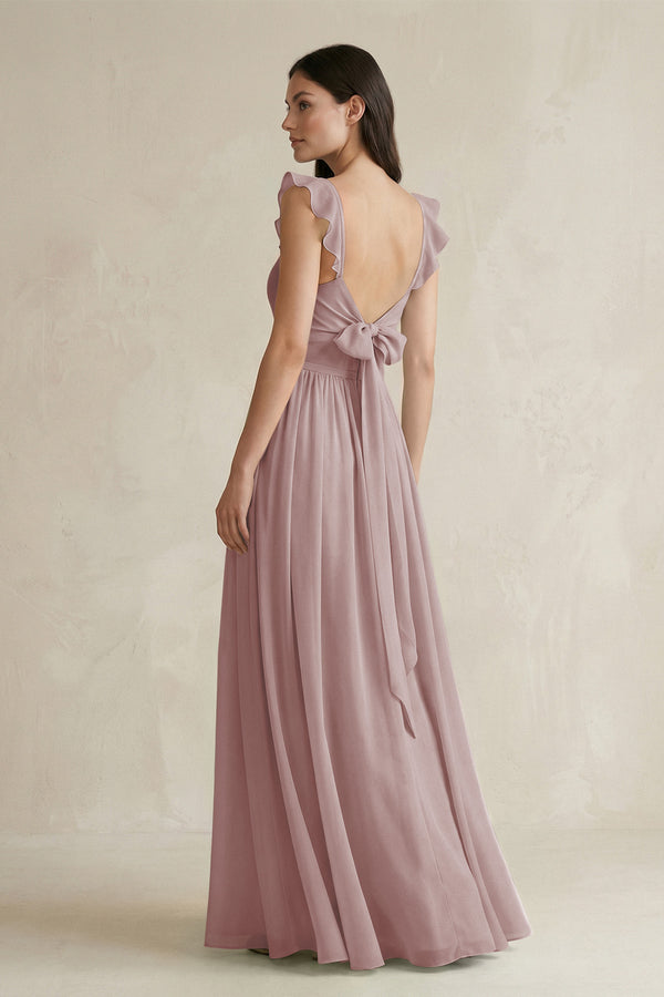 Dusty Rose Ruffled Spaghetti Strap Chiffon A-Line Bridesmaid Dress (2) | KISSBRIDAL