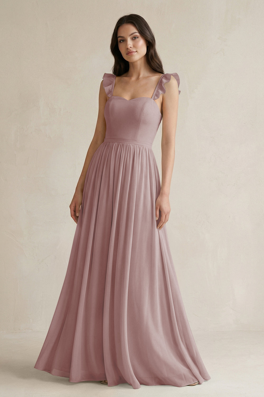 Ruffled Spaghetti Strap Chiffon A-Line Bridesmaid Dress in Dusty Rose