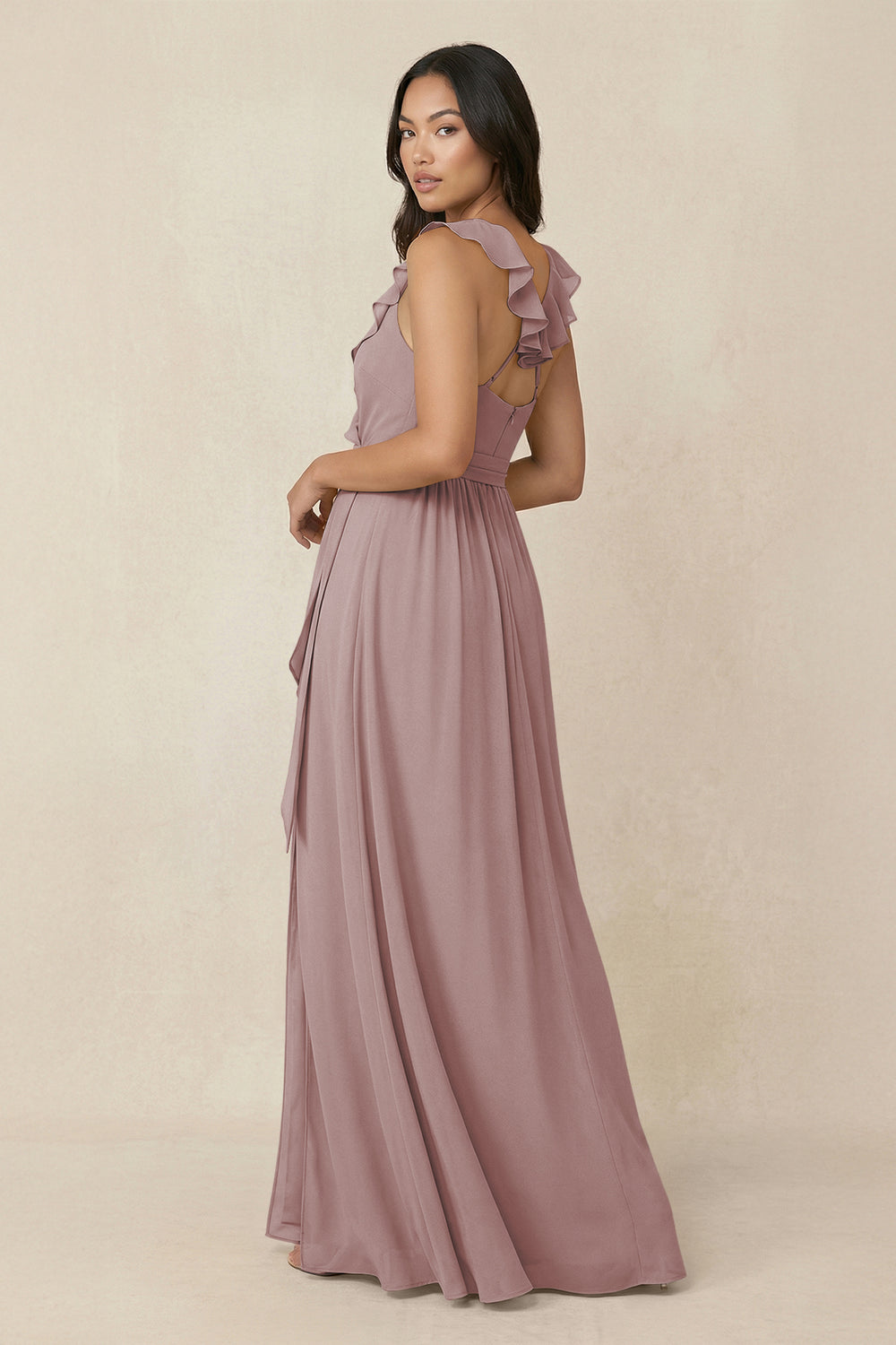 Ruffled V-Neck A-Line Chiffon Bridesmaid Dress in Dusty Rose