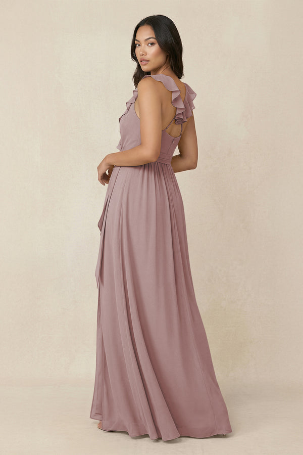 Dusty Rose Ruffled V-Neck A-Line Chiffon Bridesmaid Dress (2) | KISSBRIDAL