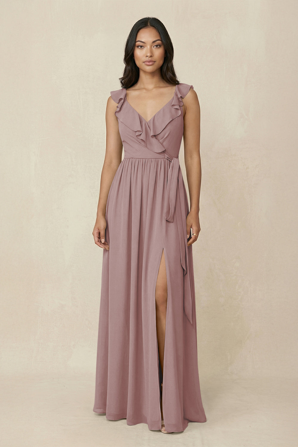 Ruffled V-Neck A-Line Chiffon Bridesmaid Dress in Dusty Rose