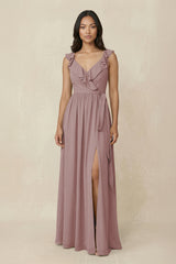 Dusty Rose Ruffled V-Neck A-Line Chiffon Bridesmaid Dress | KISSBRIDAL