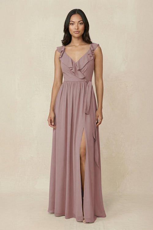 Dusty Rose Ruffled V-Neck A-Line Chiffon Bridesmaid Dress | KISSBRIDAL