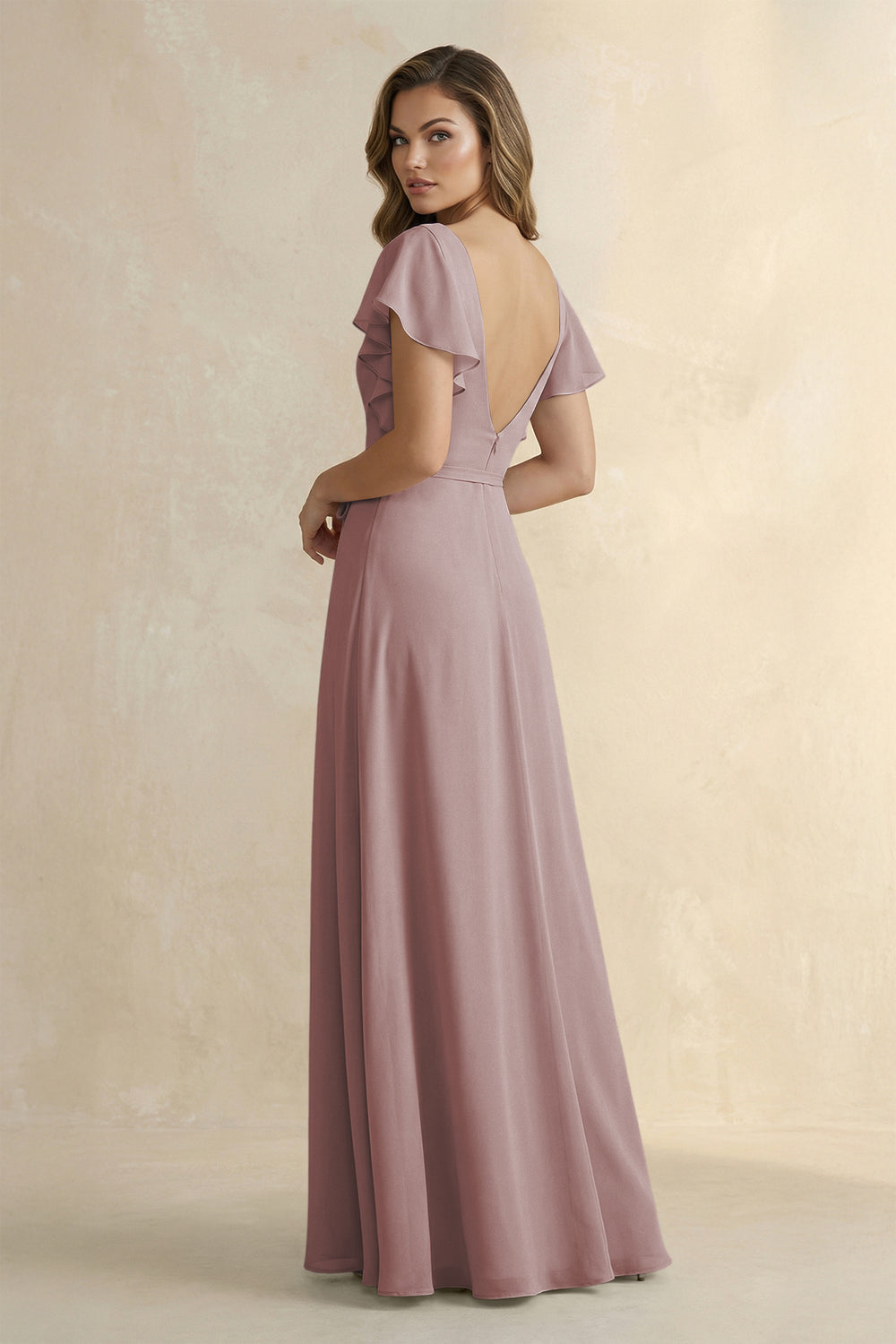 Ruffled V-Neck Chiffon A-Line Bridesmaid Dress in Dusty Rose