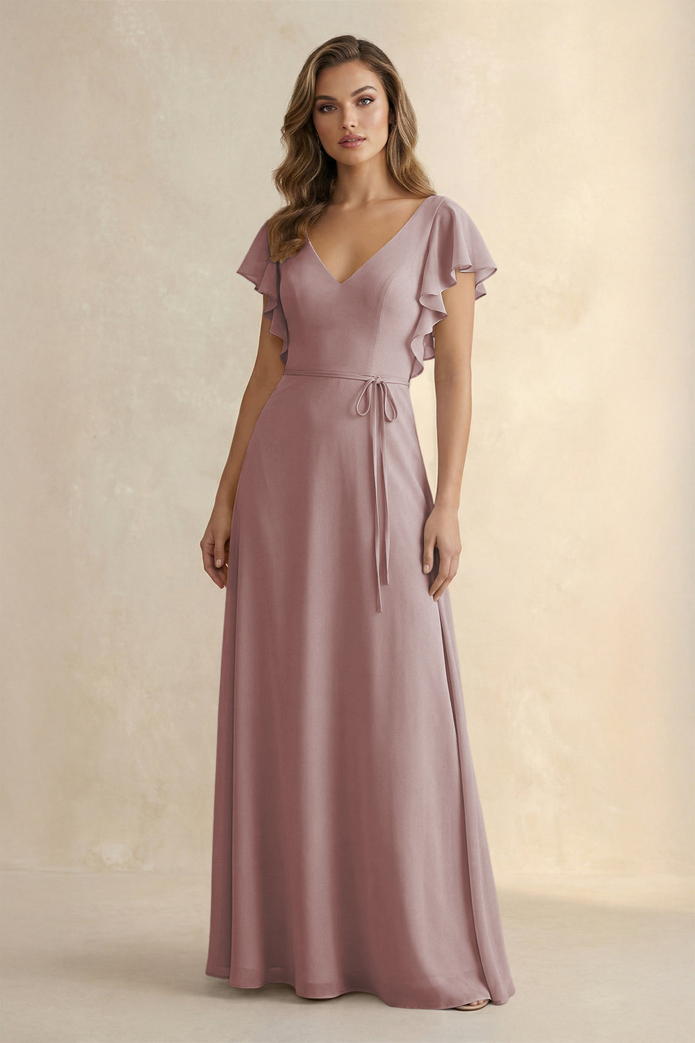 Ruffled V-Neck Chiffon A-Line Bridesmaid Dress in Dusty Rose