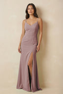 Dusty Rose Sheath Cami Strap Chiffon Bridesmaid Dress with Slit | KISSBRIDAL