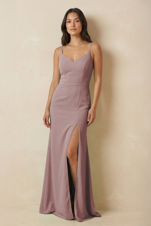 Dusty Rose Sheath Cami Strap Chiffon Bridesmaid Dress with Slit | KISSBRIDAL