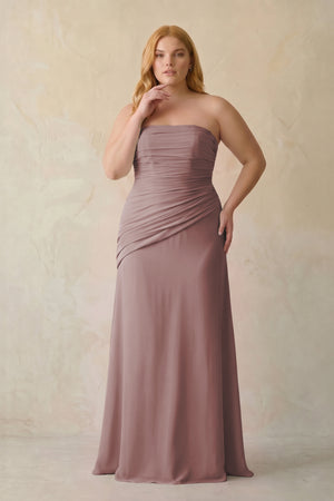 Dusty Rose Sheath Chiffon Strapless Pleated Bridesmaid Dress [sizeplus] | KISSBRIDAL