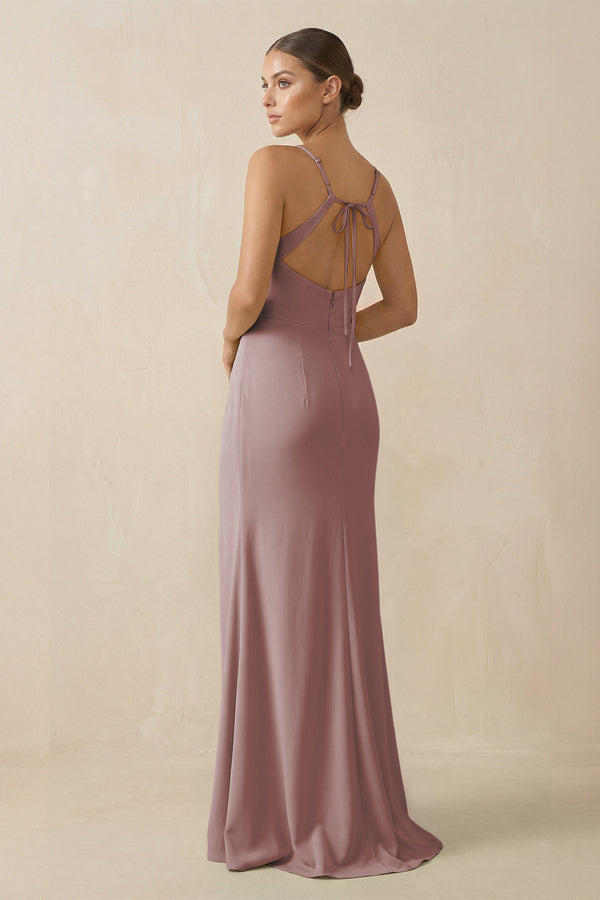 Dusty Rose Sheath Spaghetti Straps Chiffon Long Bridesmaid Dress (2) | KISSBRIDAL