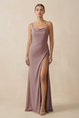 Dusty Rose Sheath Spaghetti Straps Chiffon Long Bridesmaid Dress | KISSBRIDAL