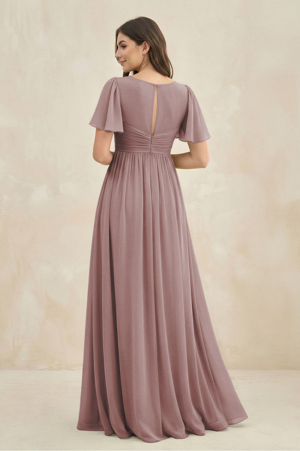 Short Sleeve Chiffon V-Neck A-Line Bridesmaid Dress in Dusty Rose