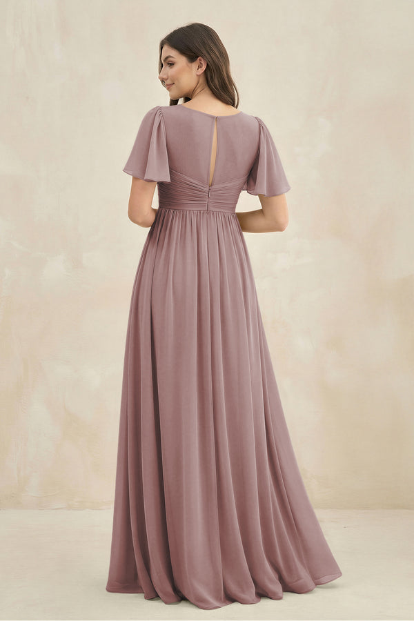 Dusty Rose Short Sleeve Chiffon V-Neck A-Line Bridesmaid Dress (2) | KISSBRIDAL