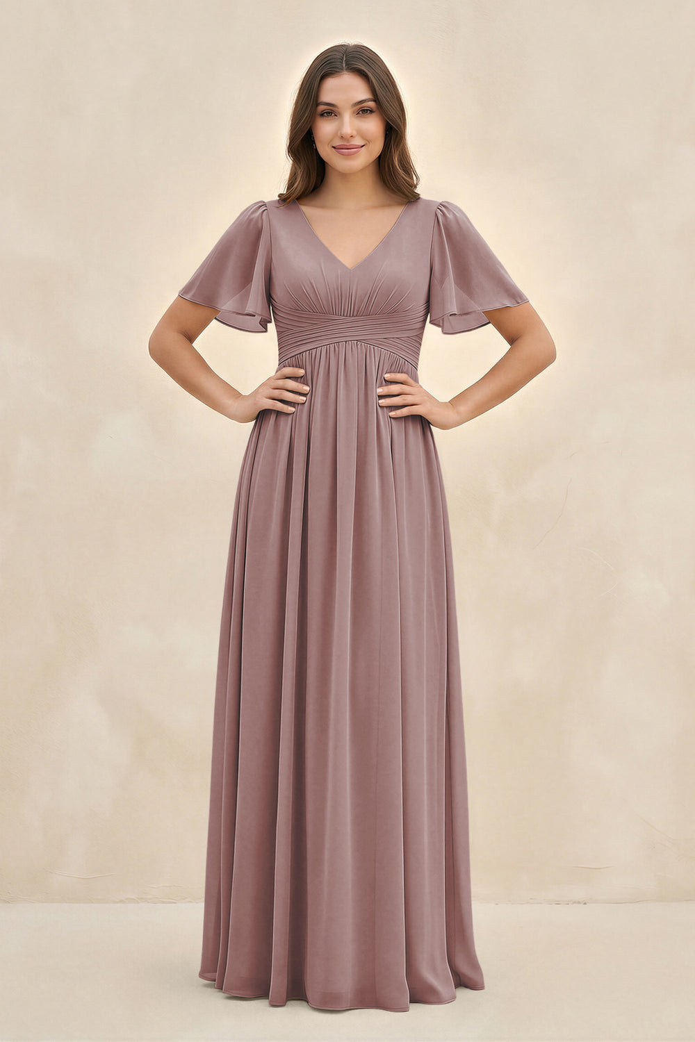 Short Sleeve Chiffon V-Neck A-Line Bridesmaid Dress in Dusty Rose
