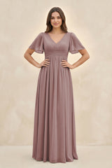 Dusty Rose Short Sleeve Chiffon V-Neck A-Line Bridesmaid Dress | KISSBRIDAL