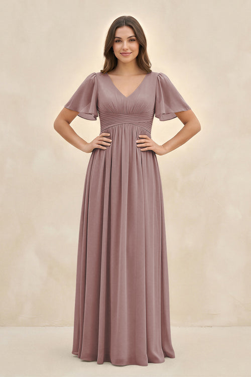 Dusty Rose Short Sleeve Chiffon V-Neck A-Line Bridesmaid Dress | KISSBRIDAL