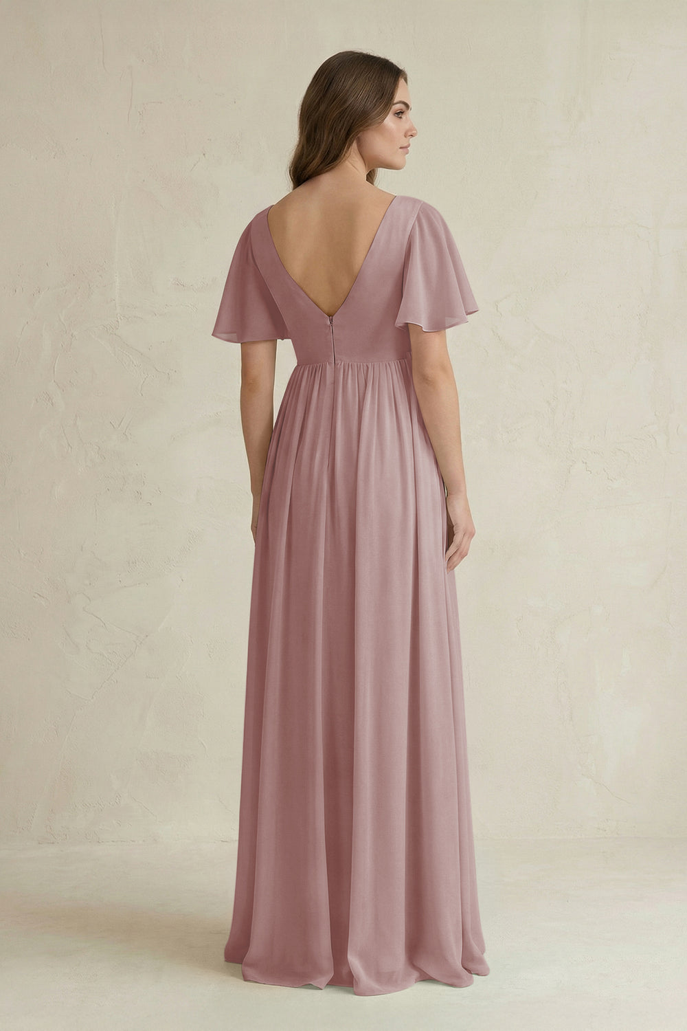 Short Sleeve V-Neck A-Line Chiffon Bridesmaid Dress in Dusty Rose