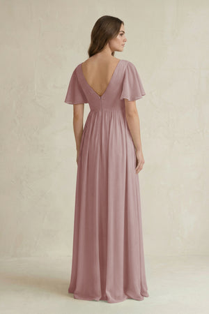 Dusty Rose Short Sleeve V-Neck A-Line Chiffon Bridesmaid Dress (2) | KISSBRIDAL