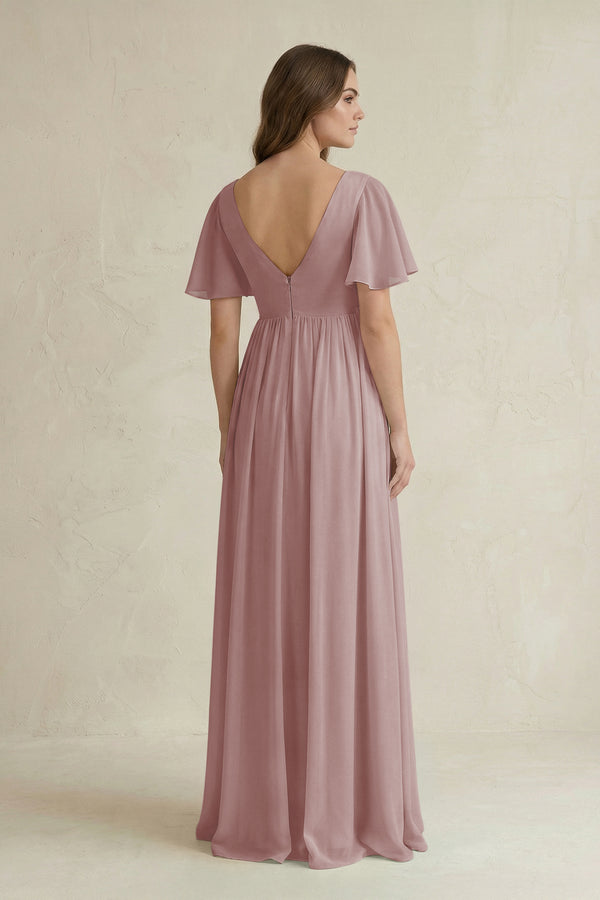 Dusty Rose Short Sleeve V-Neck A-Line Chiffon Bridesmaid Dress (2) | KISSBRIDAL