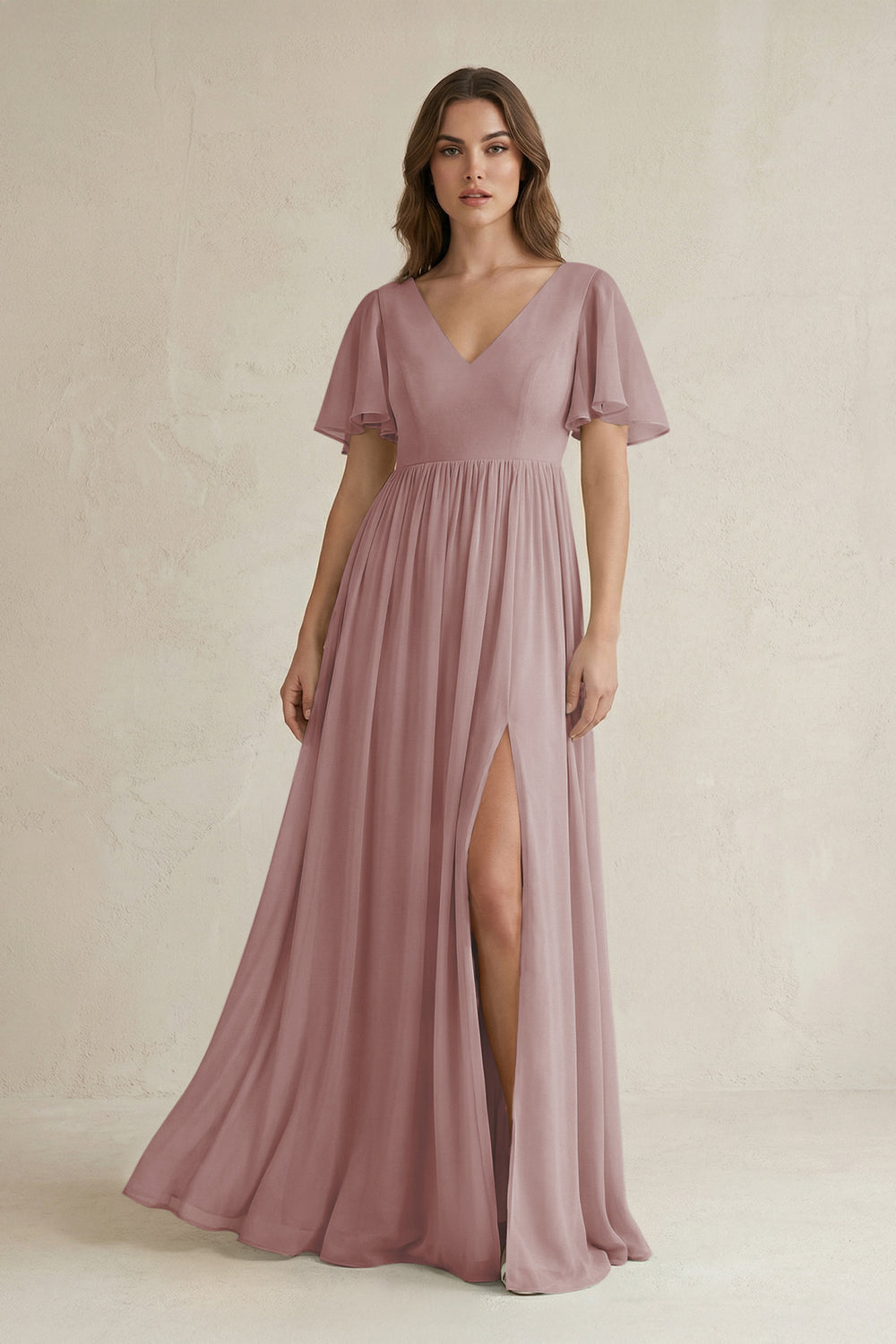 Short Sleeve V-Neck A-Line Chiffon Bridesmaid Dress in Dusty Rose