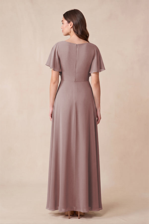 Dusty Rose Short Sleeves Bateau A-Line Chiffon Bridesmaid Dress (2) | KISSBRIDAL