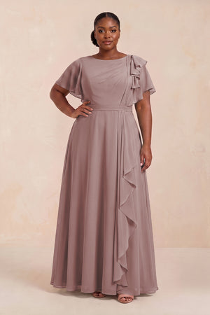 Dusty Rose Short Sleeves Bateau A-Line Chiffon Bridesmaid Dress (3) [sizeplus] | KISSBRIDAL
